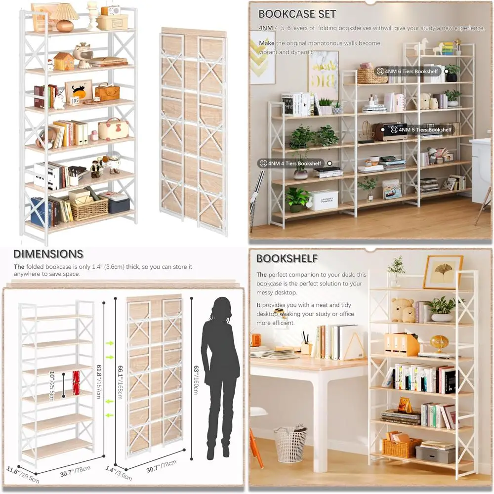 

Extra Wide 6-Tier Folding Bookshelf, 61.8 High Industrial Style Open Shelves for Bedroom Storage