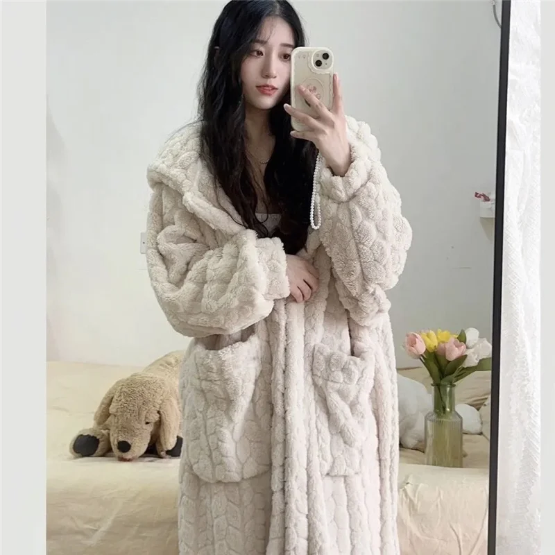 Autumn Winter Long Nightgown Women 2024 New Fashion Loose Casual CORAL FLEECE Housecoat Hooded Pure Colour Outerwear Female