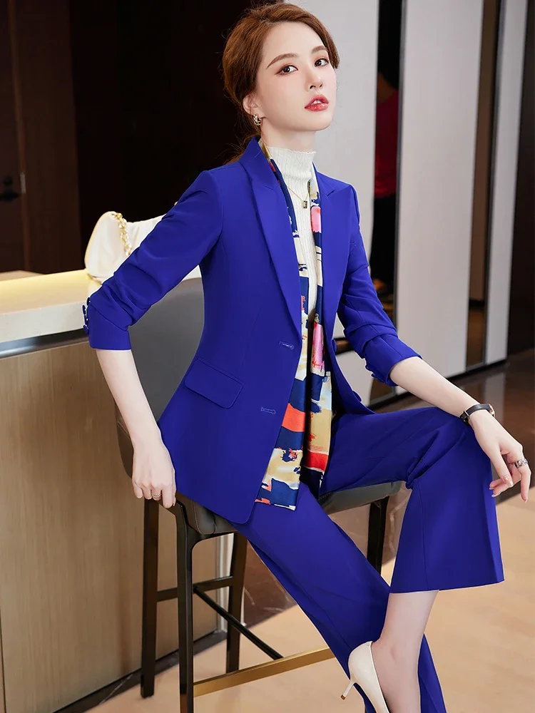 Ladies Women Pant Suit Formal Female 2 Piece Set Red Blue Jacket Office Business Work Wear Single Breasted Blazer+Trouser