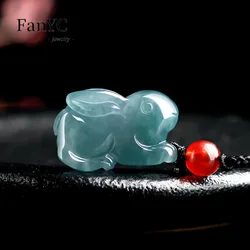 Myanmar Jadeite Blue Water Zodiac Rabbit Pendant Three-dimensional Carving Exquisite Cute Ice Jade Necklace Men and Women Gift