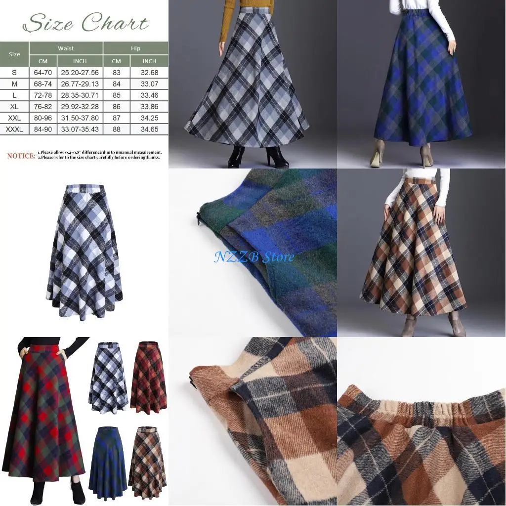 

T21F женская решетчатая юбка, теплая эластичная талия, шерстяные плиссированные зимние длинные юбки в клетку тартан