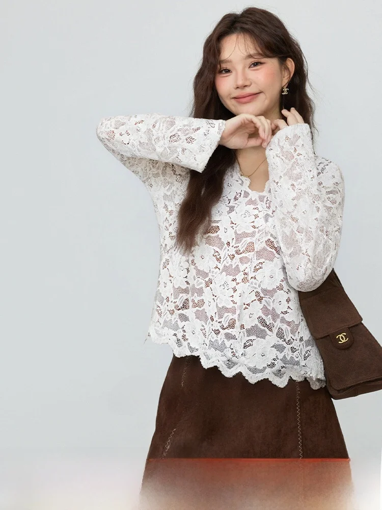 

Осень 2023, женский простой топ больших размеров с v-образным вырезом и кружевной основой для похудения, модный топ, повседневная одежда свободного покроя, повседневная одежда