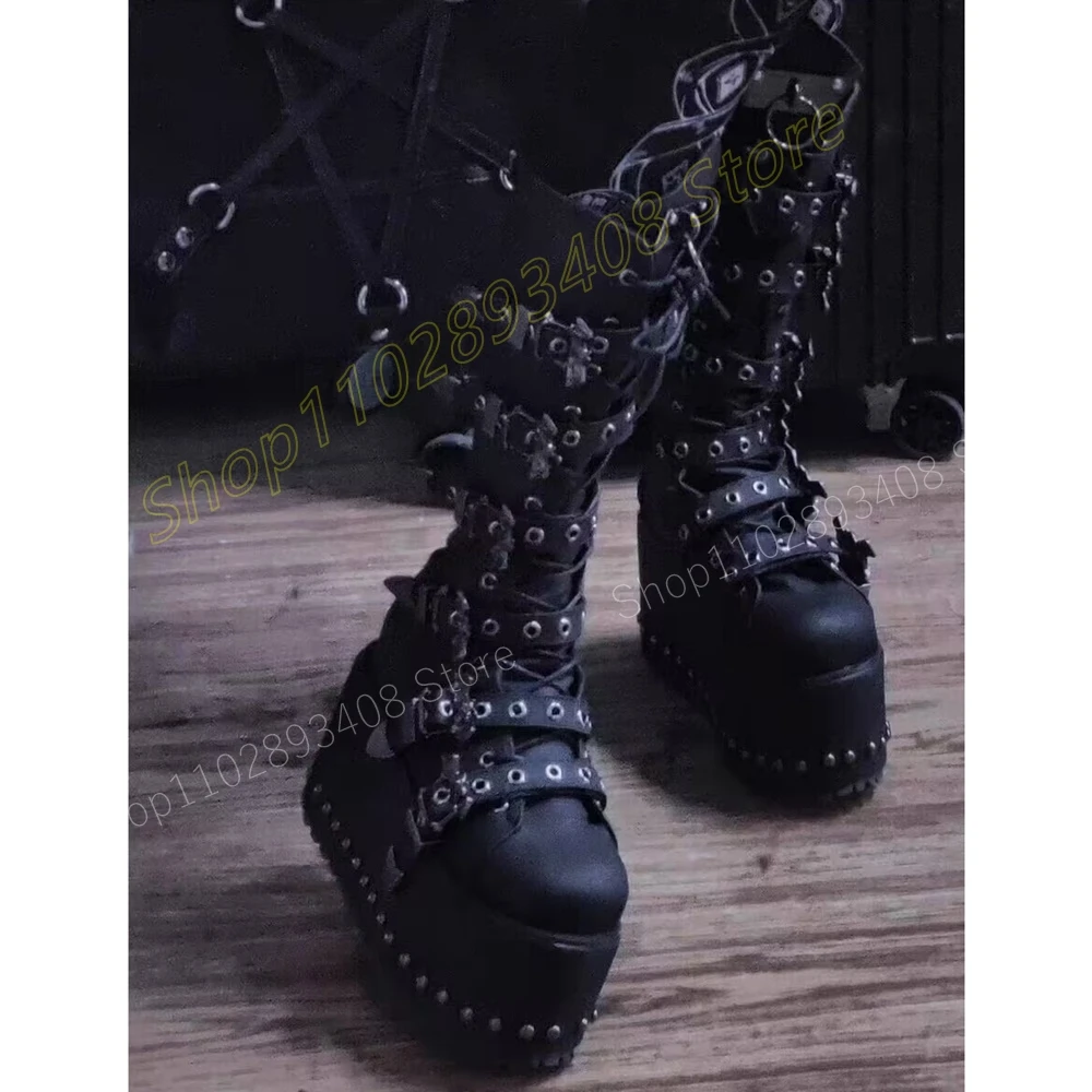 

Punk Style Cool Round Rivets Decor Mid Calf Boots Buckle Belts Thick Soled High Quality Hot Women Shoes 2024 Sexy Para Mujere