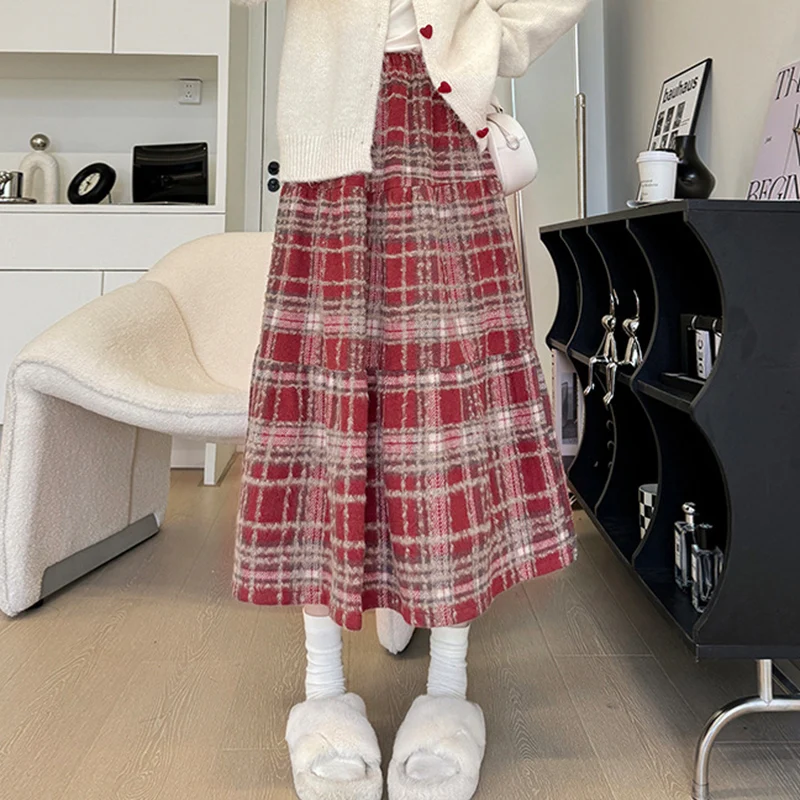 Vintage Mix Color Plaid Skirts for Women Autumn Winter Casual High Waist A-Line Skirts Woman Loose Mid Long Skirt Female