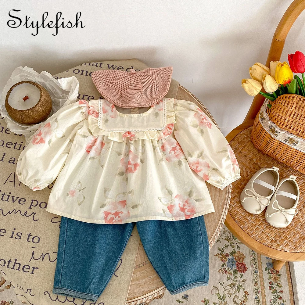 Spring and Autumn Clothing Baby Girl Baby Versatile Print Flower Round Neck Long Sleeve Top+Versatile Denim Radish Pants