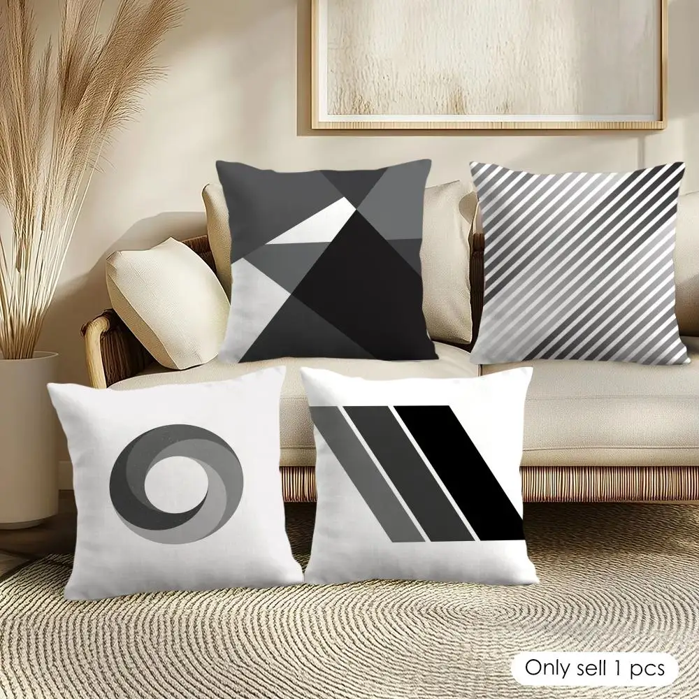 Black And White Gray Geometric Cushion Cover Pillowcase Ultra Soft Skin Friendly Fabric Cloud Like Comfort & Concealed Zipper