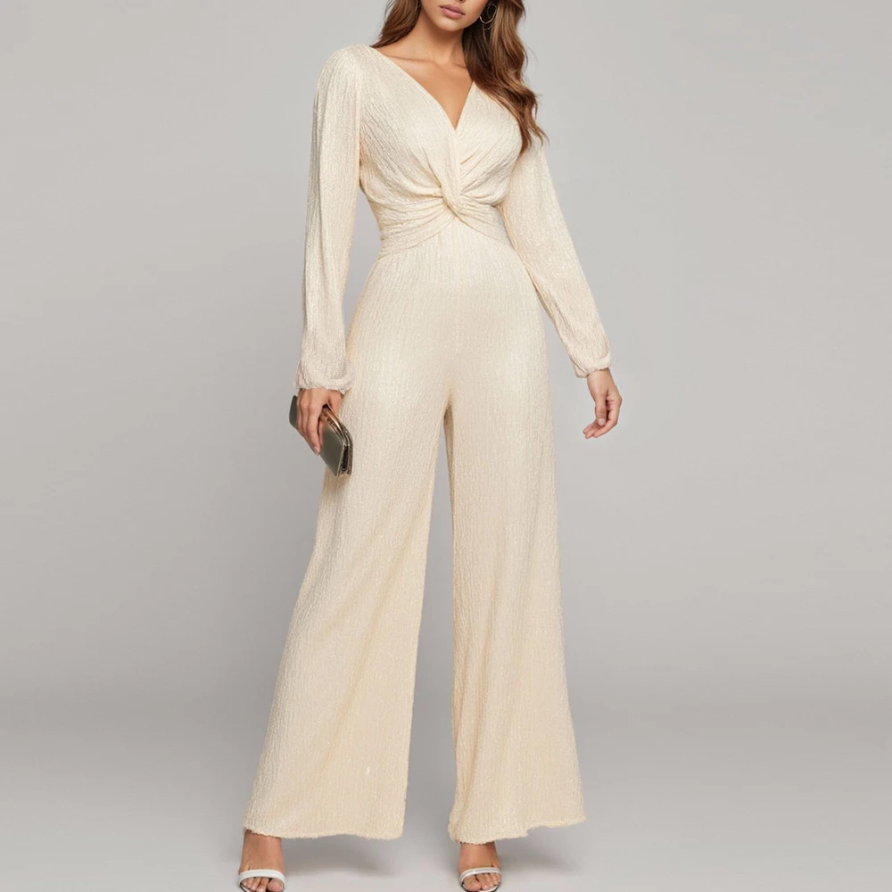 

Mia Muse Women's Jumpsuits Autumn Decent Elegant Plain Knotted Design Long Sleeve V-Neck Full Length Regular Fit Pants Jumpsuits