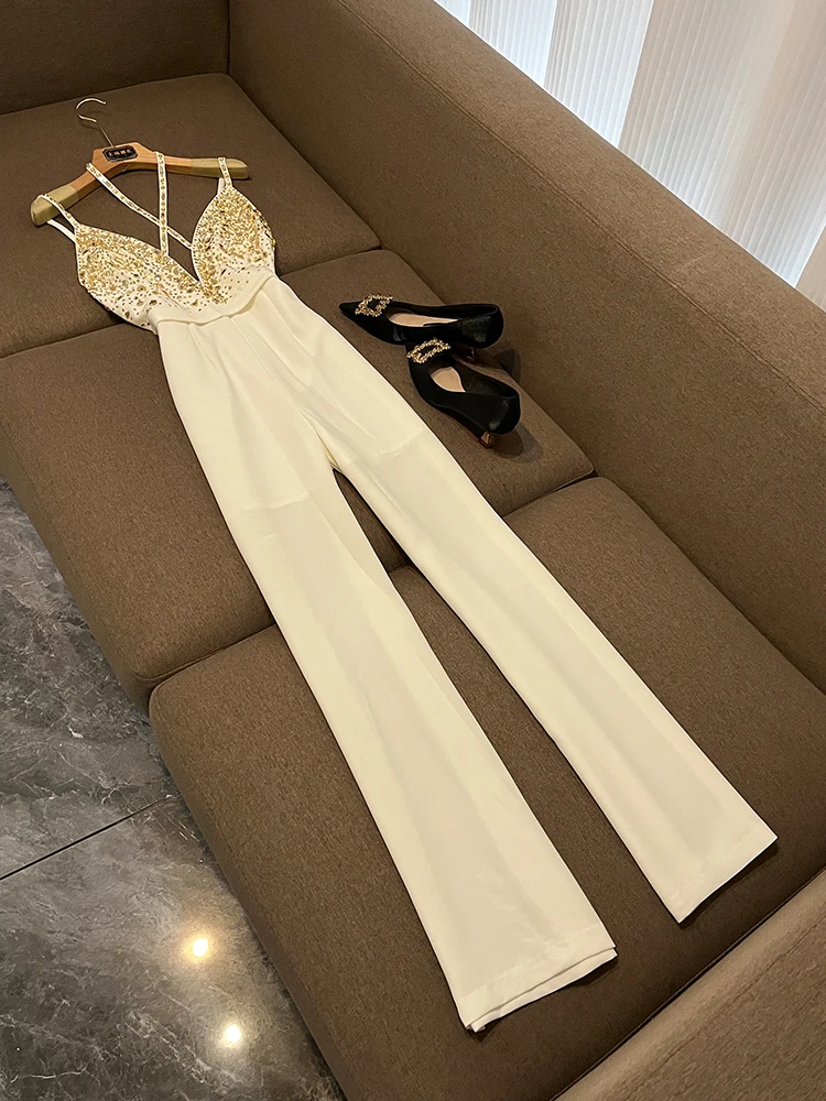 

Sexy V-Ne Handmade Beaded Straight Leg Jumpsuit High Waist Long Pants Commute Sle Winter New Faion Star Light Weight