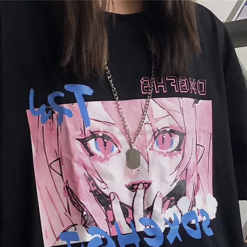 

Anime Women's T-shirts Y2k Print Grunge Loose Hip-Hop Short Sleeve Oversized T-shirt Female Gothic Harajuku Summer Clothing Tops
