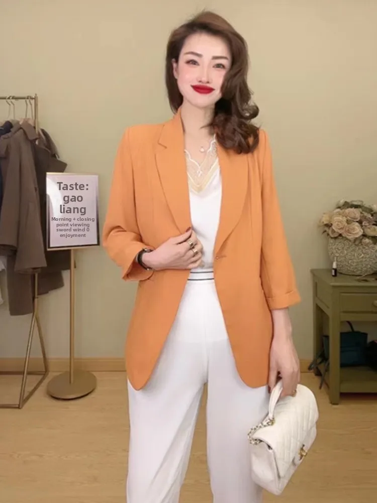 

Women's Thin Sun Protection Suit Jacket Spring Summer Klein Blue Seven Sleeve Slimming Drape Orange Western Style Coat