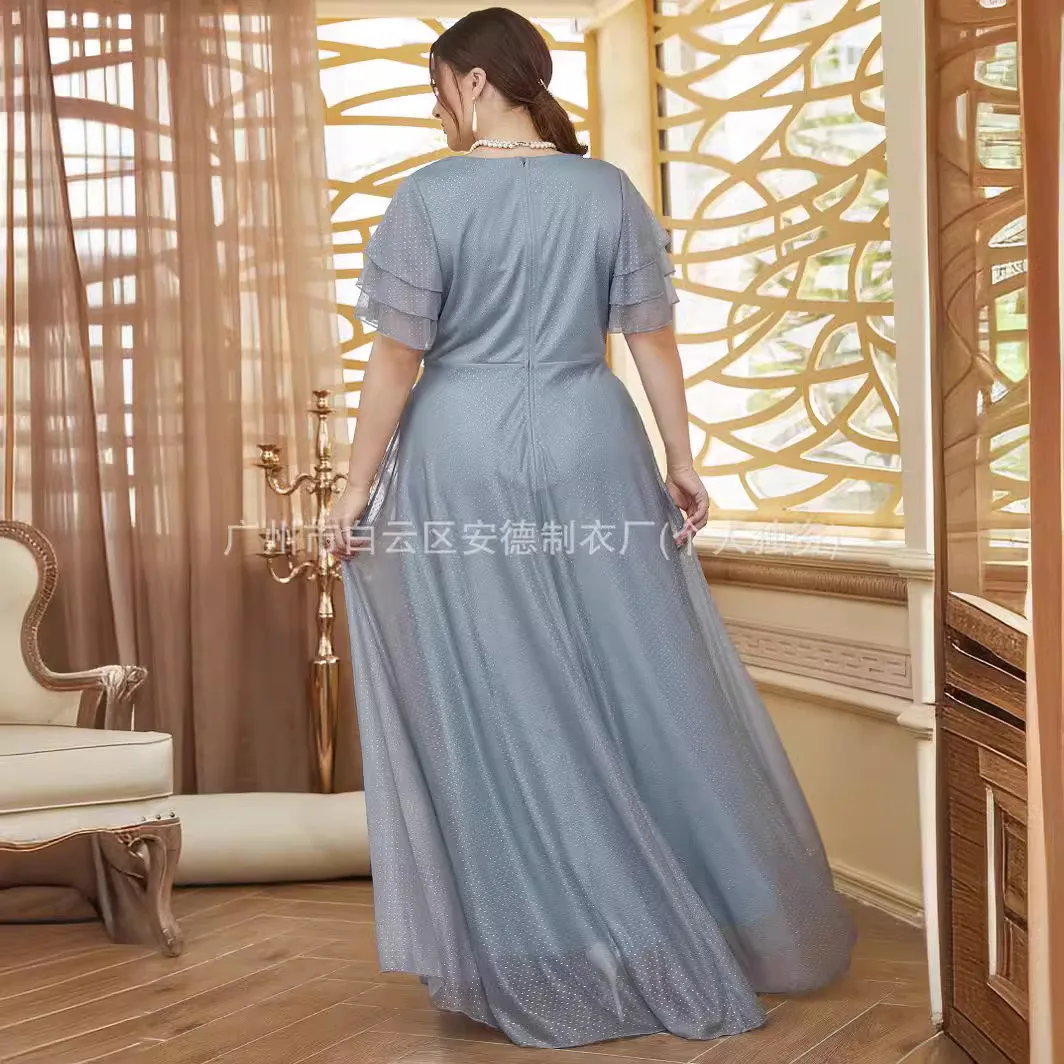 Large Women\'s Elegant Evening Dress Drop Deep V Bridesmaid Fairy Dress Plus Size High Waist Long Chiffon Dress Flare