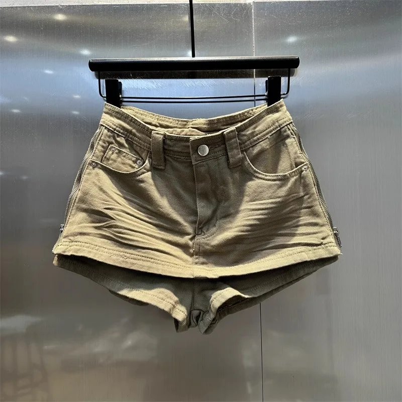 

Осень 2023, новая плиссированная джинсовая юбка, женская Y2k, боковая молния, хаки, мини-шорты с надписью
