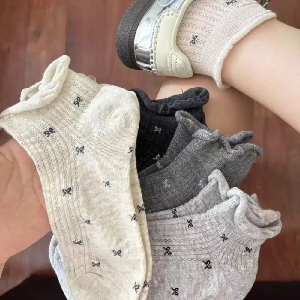 5 أزواج Ins نمط شبكة القوس الجوارب القصيرة تنفس الباليه نمط الحلو الكاحل الجوارب الإناث الجوارب كشكش جوارب أنبوبية النساء سيدة