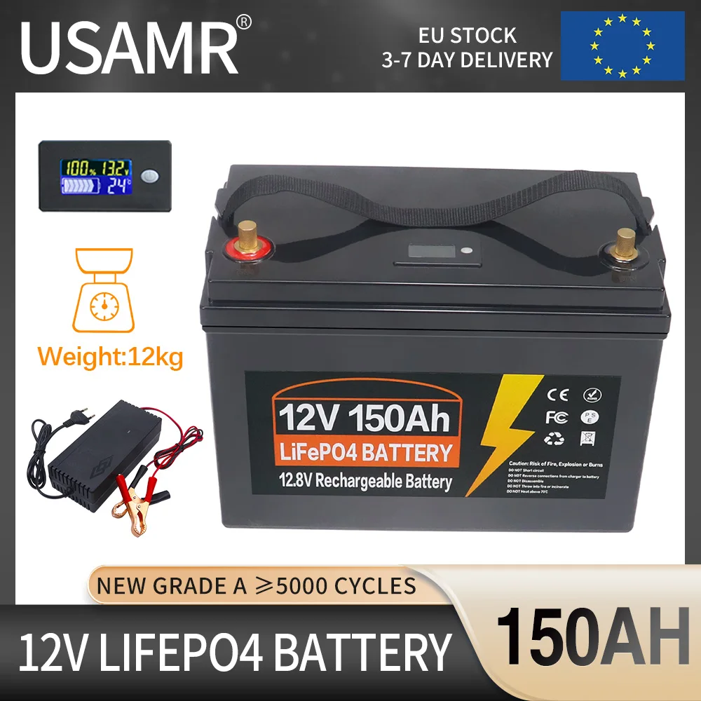 New 12V LiFePo4 Battery 150AH Built-in BMS Lithium Iron Phosphate Cells 5000+ Cycles For RV Campers Golf Cart Solar With Charger