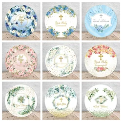 Green Leaves Round Background Wall Blue Pink Flowers First Communion Baptism Custom Round Photography Background Cover Elastic