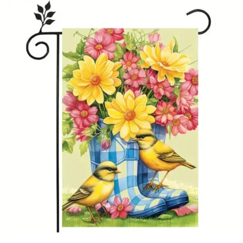 *NEW* VIBRANT GARDEN FLAG WITH RAIN BOOTS BIRDS AND FLOWERS ~ POLYESTER ~ 12x18