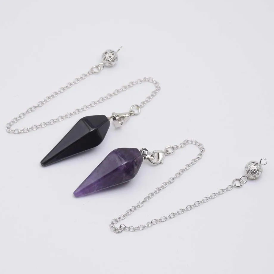 Natural Stone Quartz Healing Pendulum for Spiritual Divination Cone Crystal Pendulos Hexagonal Pointed Pendant Necklace Jewelry