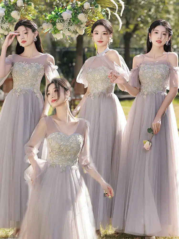 

Gray Tulle Fairy Bridesmaid Dress Women Off Shoulder Slim A-Line Party Gown Summer Lady Quinceanera Ball Dresses
