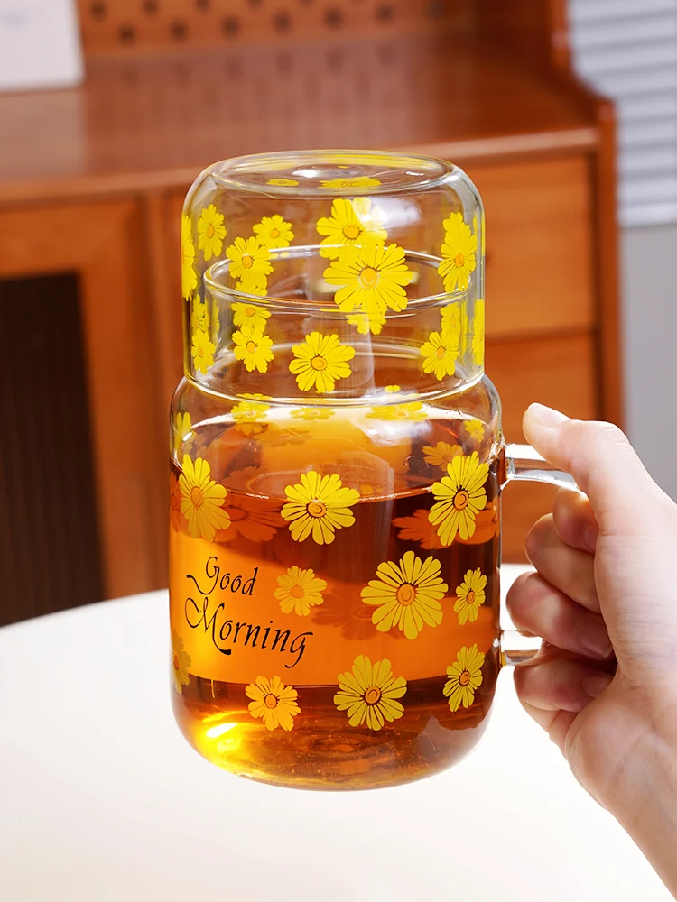 

Large Capacity Borosilicate Glass Cup with Lid for Office Use Tea Brewing Water Bottle Home Use Handle round Cylinder Shape