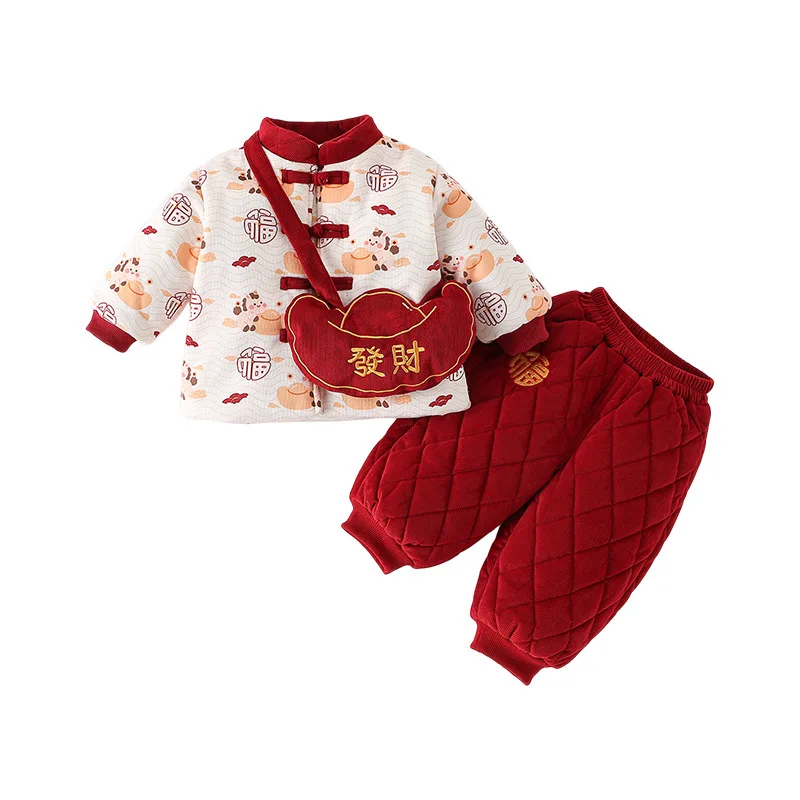 

2025 New New Year's Baby Set Red Festive Flannel Winter Outfit for Children with Bags