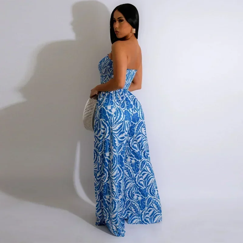 GUWU senza spalline elastico senza maniche dritto gamba larga moda foglia stampata tuta da donna 2024 tuta da spiaggia sexy set intero