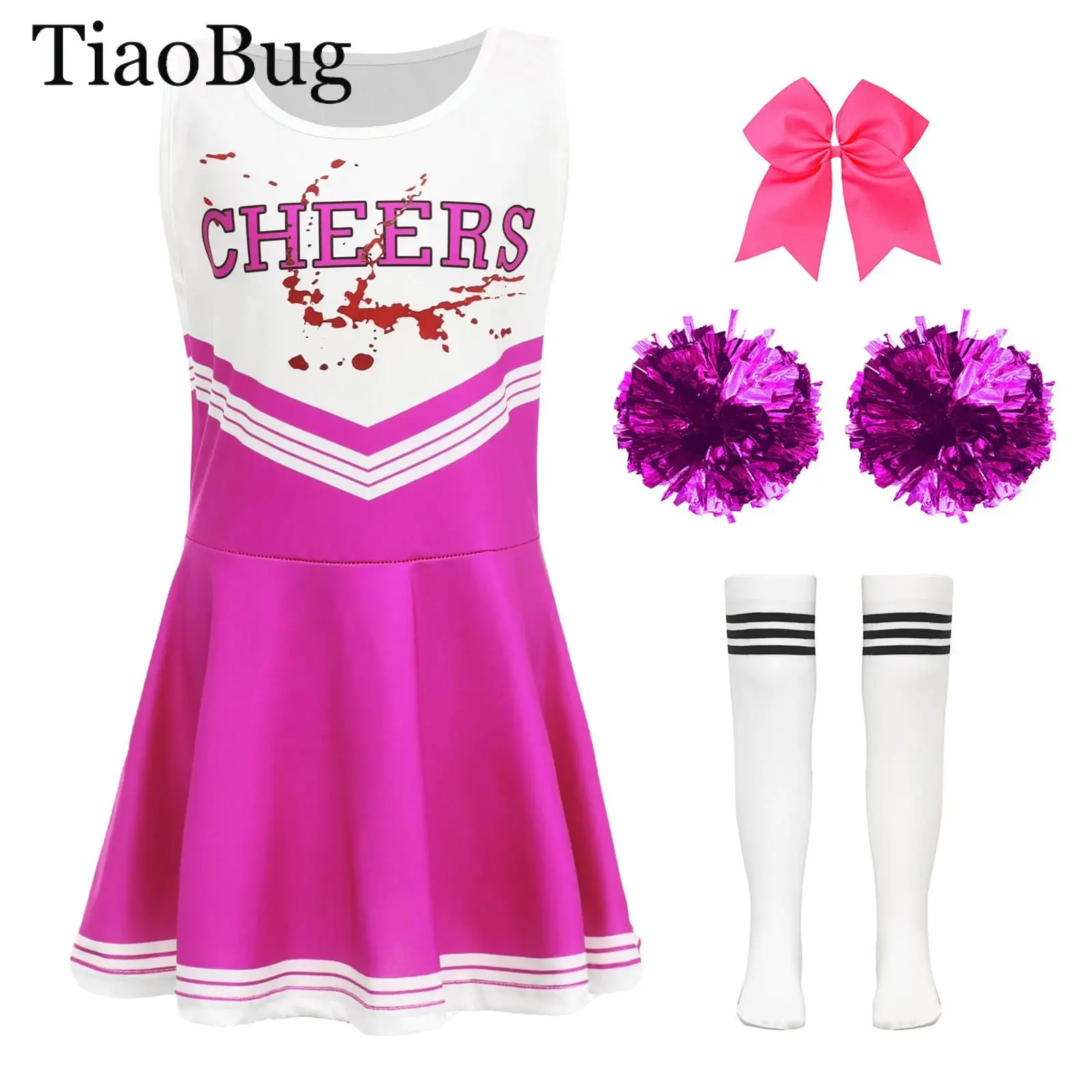 

Teen Girls Cheerleader Uniform Costume Letter Print Dress with Headwear Hand Flowers +Socks Sets School Cheerleading Dancewear