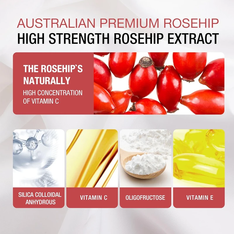 Rose fruit extract 1500mg, collagen formation containing vitamin C&E, with luminous, nourishing and firming effects, 60 capsules