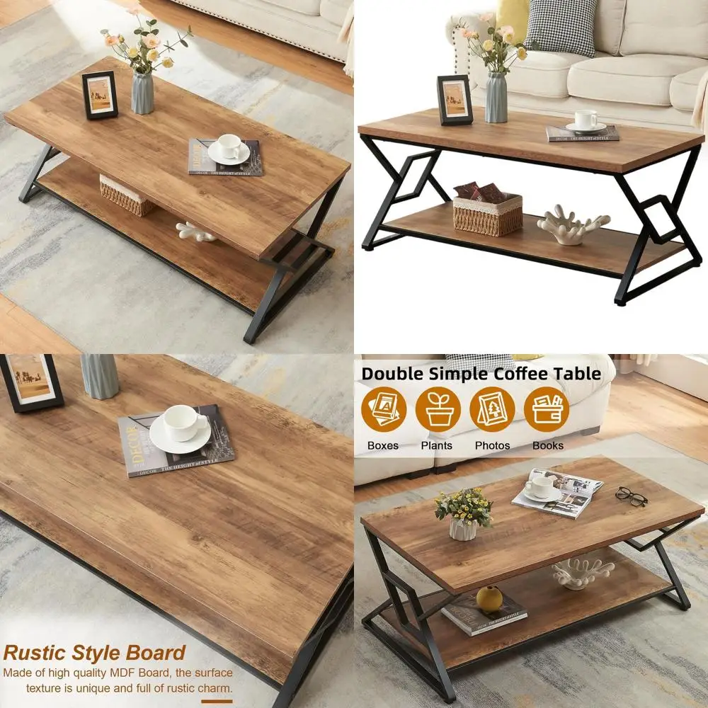 

Rustic Rectangular Coffee Table with 2-Tier Storage, Oak Brown, 47 for Living Room