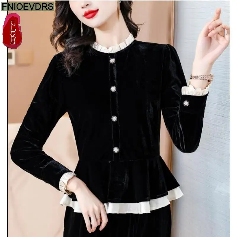 S-4XL Ruffles Black Velvet Top Women Autumn Winter French Design Elegant Office Lady Work Button Shirt Slim Retro Peplum Blouses