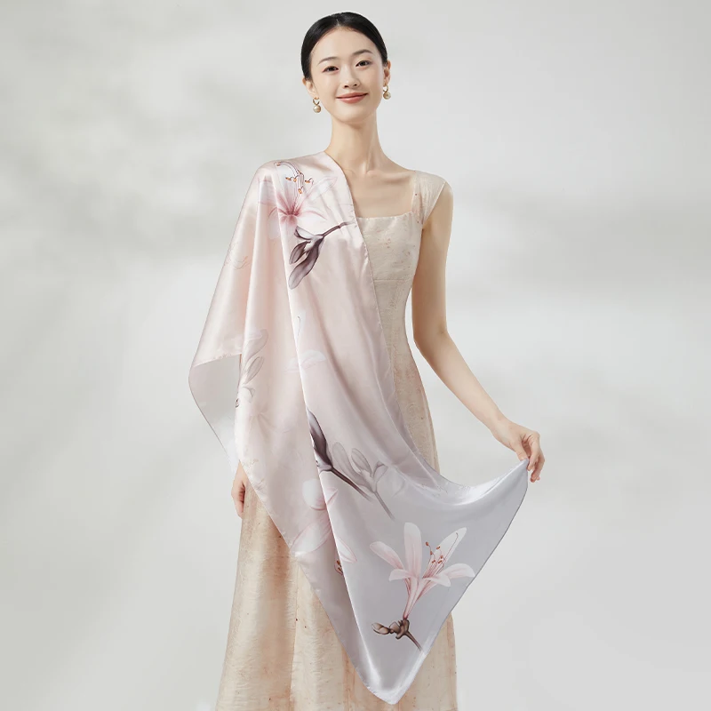 Luxury 100% Real Silk Scarf Women Pink Lily Print Satin Long Shawl Wrap Elegant Silk Neckscarves Premium Fashion Accessory