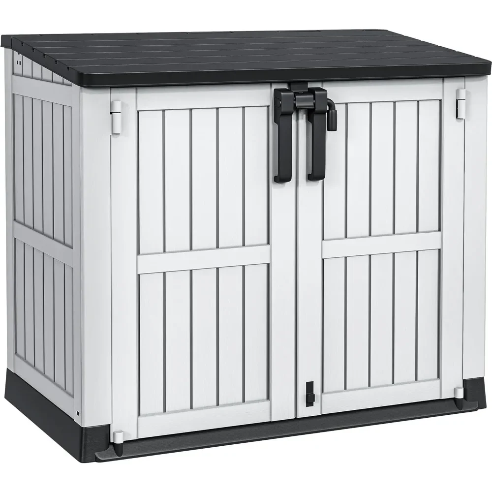 

Outdoor Storage Shed, Resistant Horizontal Tool Shed, Waterproof Lockable Doors & Air Vent for Trash Cans, Garden Storage Shed