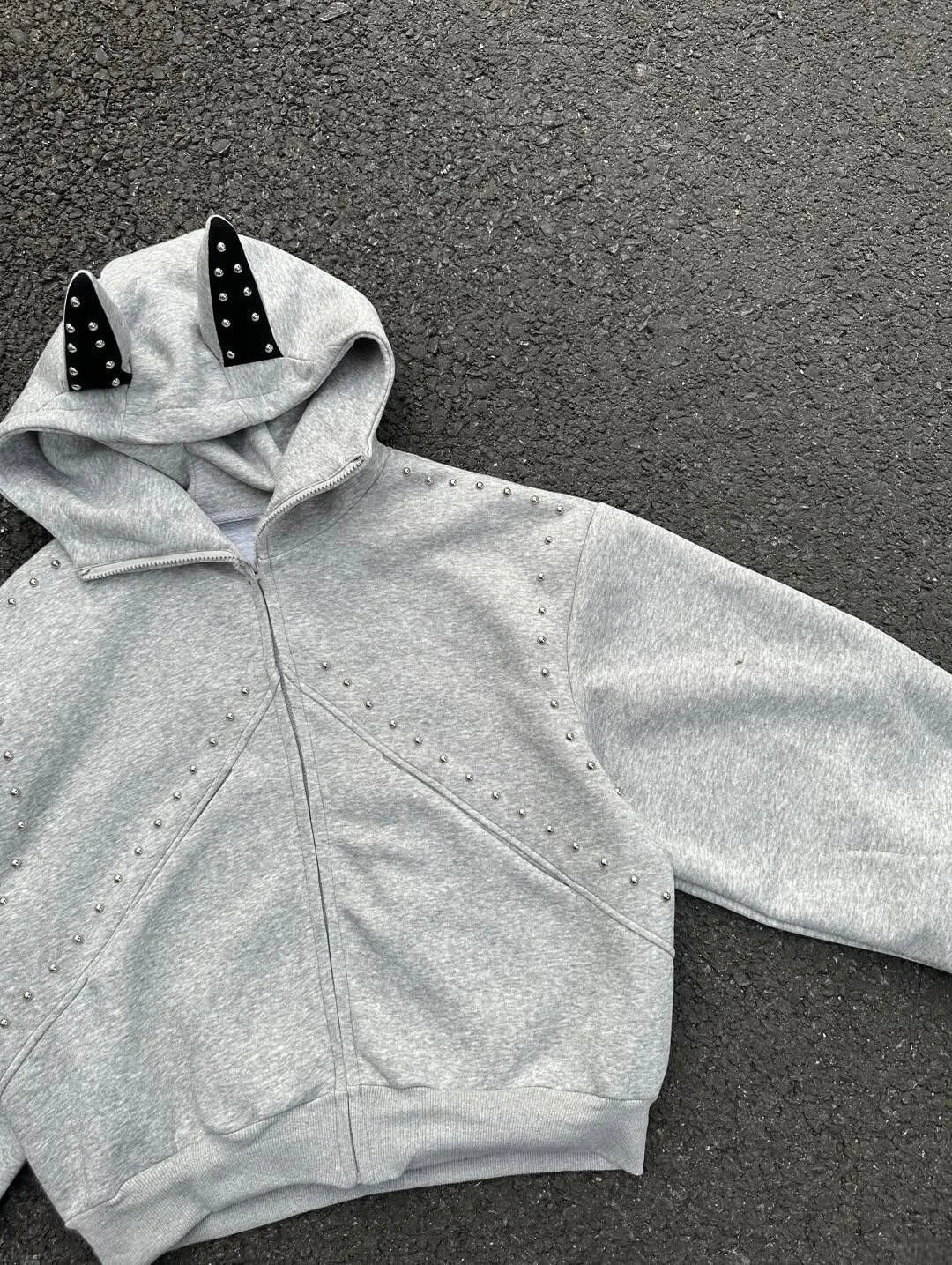 Gothic Punk Studded Animal Ear Hoodie-Asymmetric Patchwork Unisex Streetwear Couple Matching Jacket Goth Grunge Aesthetic Coat