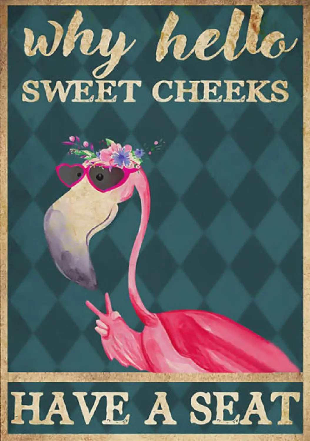 Pozino Metal Sign for Kitchen Why Hello Sweet Cheeks Have A Seat Pink Flamingo Wall Decorations Tin Signs Vintage Funny 12x8 inc