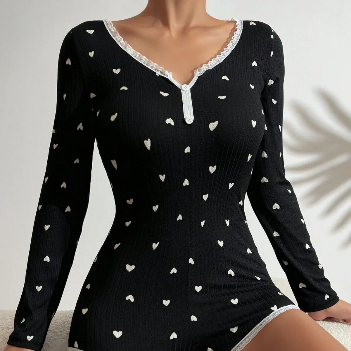 

New American-Style Women's One-Piece Pajama with Long-Sleeve Heart Print, Loungewear, Women's Underwear One-Piece Sleepwear