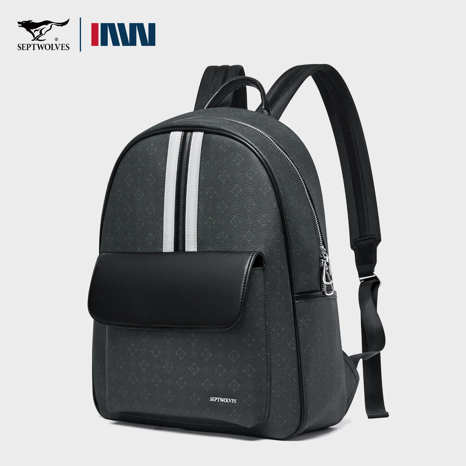 

Septwolves Busines Leisure Man Monogram Leather Backpack Women Thin Daily Travel Medium Size Printing Laptop Bag Back Pack