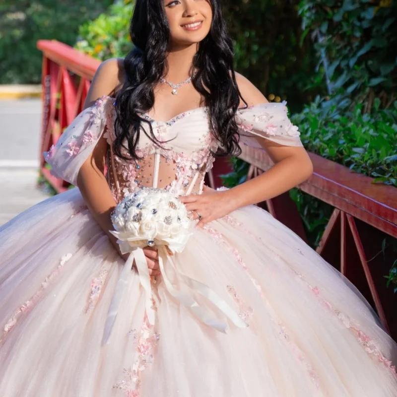 

Light Pink Quinceanera Dress off-shoulder 3D Flower Crystal Decal Lace Long tail vestidos de 15 Quinceanera ﻿Customize