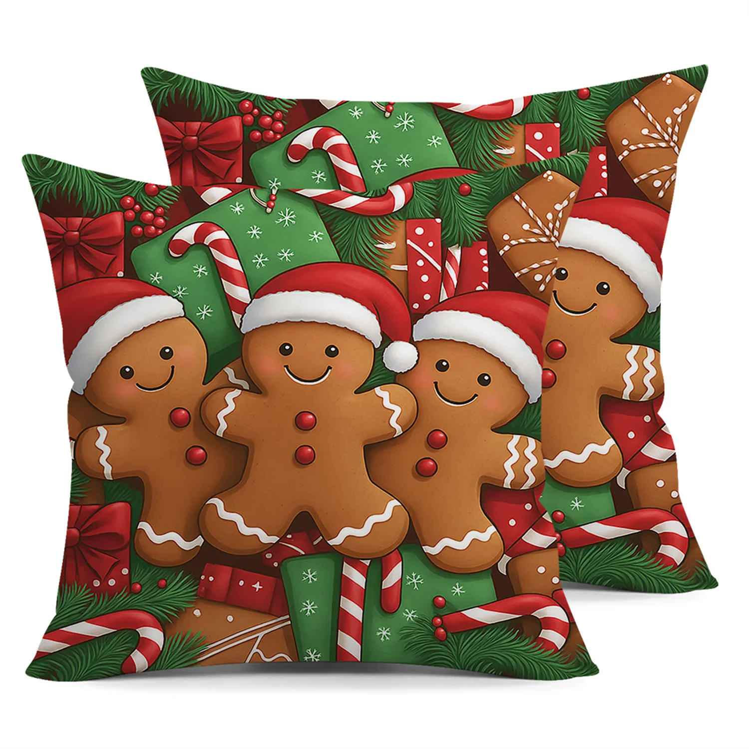 2pcs Gingerbread for Man Santa Hat Candy Buttons Christmas Throw Pillow Covers Gift Boxes Pine Berries Winter Festival