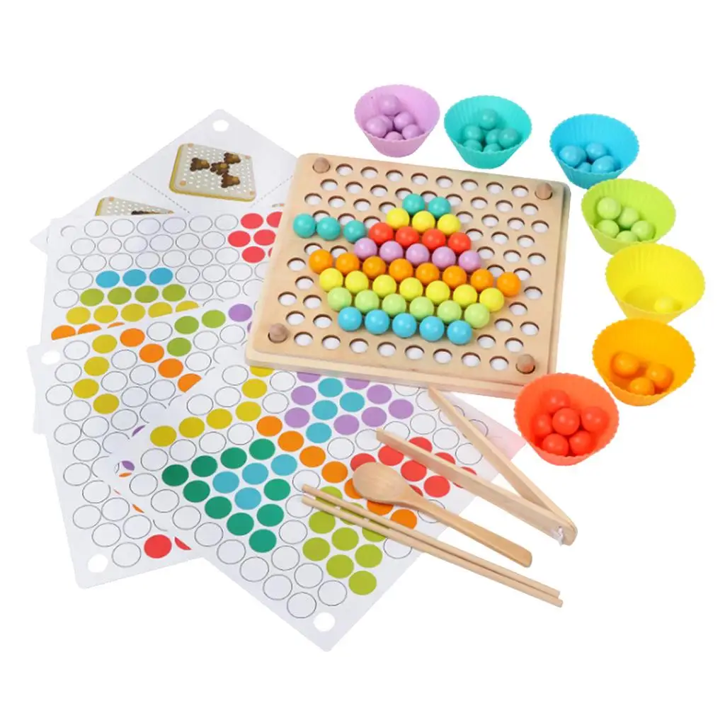 Montessori Material Toy, Coordination Teaching Aids - 77 Beads, 1 Wooden Board, 3pcs 5 Cards