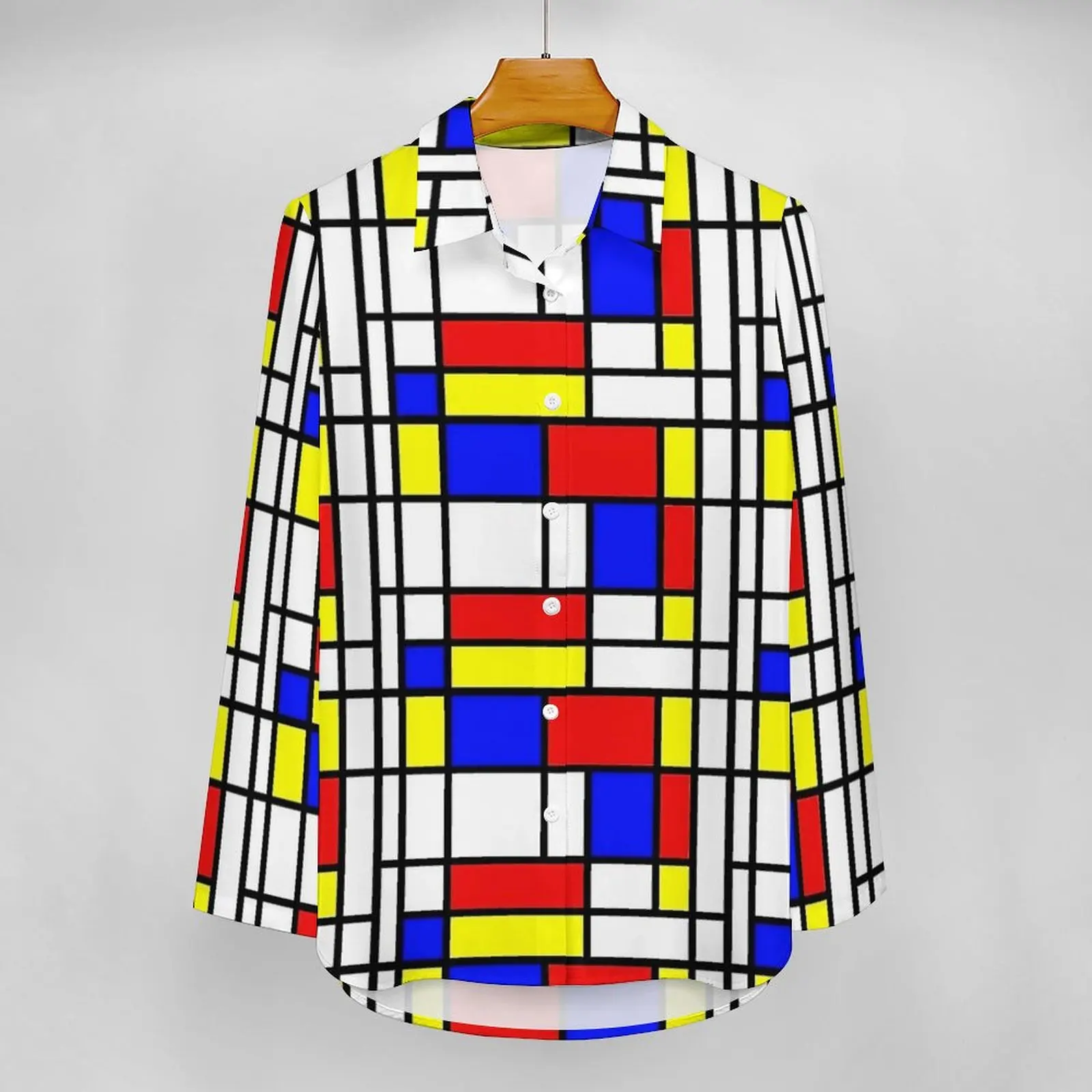 Retro Mondrian Print Loose Blouse  Korean Fashion Oversized Blouses Women Long-Sleeve Kawaii Shirt Spring Custom Top