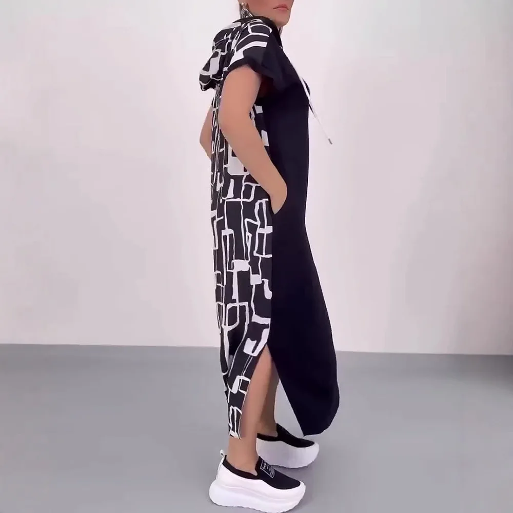 Long Dress Women Irregular Print Dresses Hooded Short Sleeve Drawstring Zipper Split Maxi Gown Female Vestidos Summer A Line