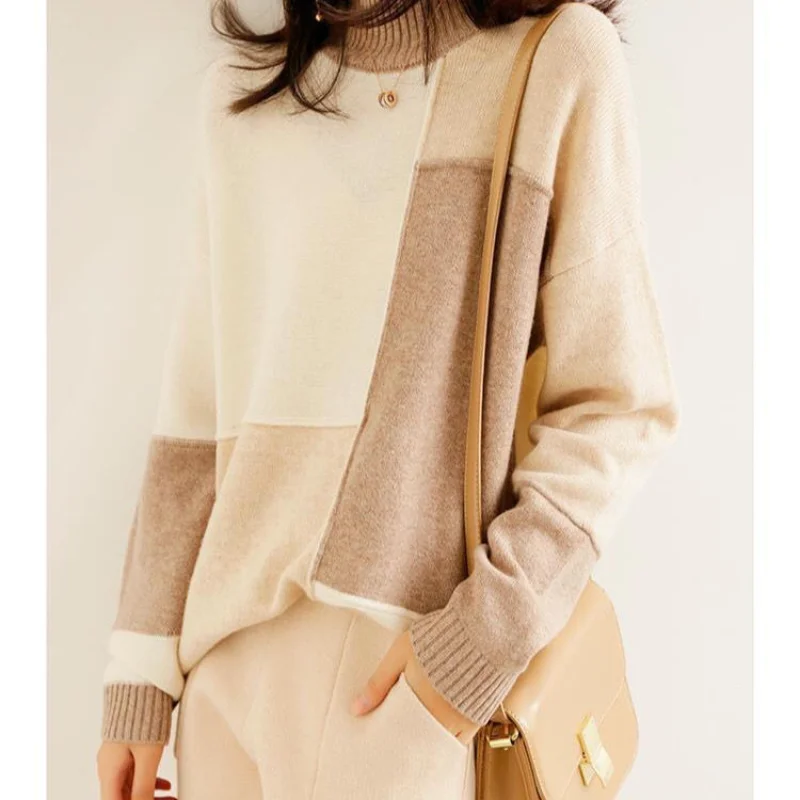 2023 Autumn Color Splice Round Neck Loose Pullover Comfortable Fashion Commuting Simple Knitted Sweater