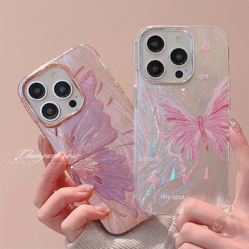 Luxury Pink Butterfly Laser Glitter Phone Case For iPhone 11 12 13 14 15 Pro Max 14 Plus Pro Max Fashion Shockproof Bumper Cover