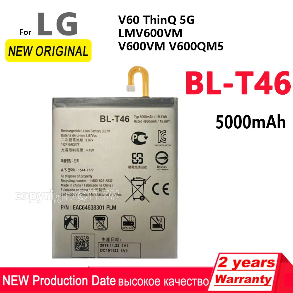 100% Original 5000mAh BL-T46 Battery for LG V60 V60 ThinQ LMV600VM V600VM V600QM5 Phone Batteries With Tools+Tracking Number