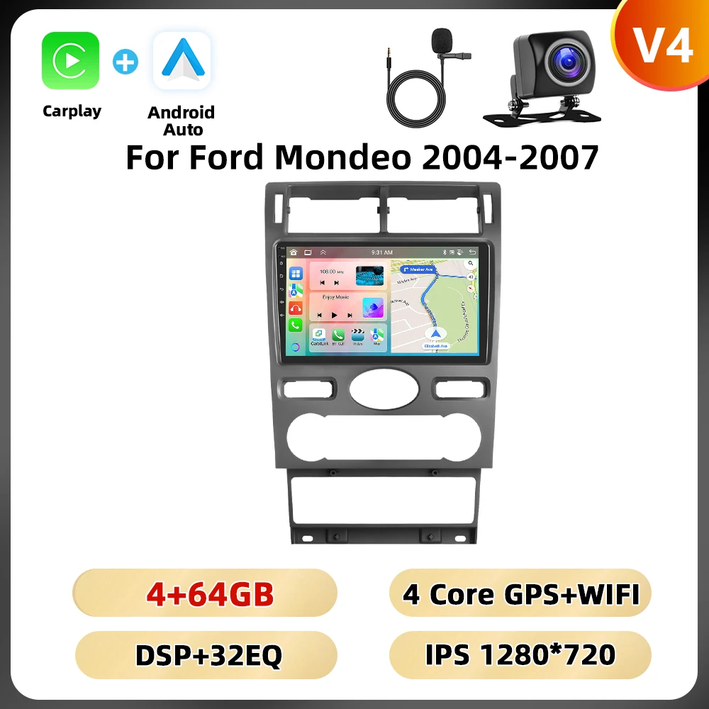 Podofo 9 ''2din Autoradio Voor Ford Mondeo 2004-2007 Multimediaspeler Carplay Android Car Navigation Dsp Ai Voice Bt Car Audio
