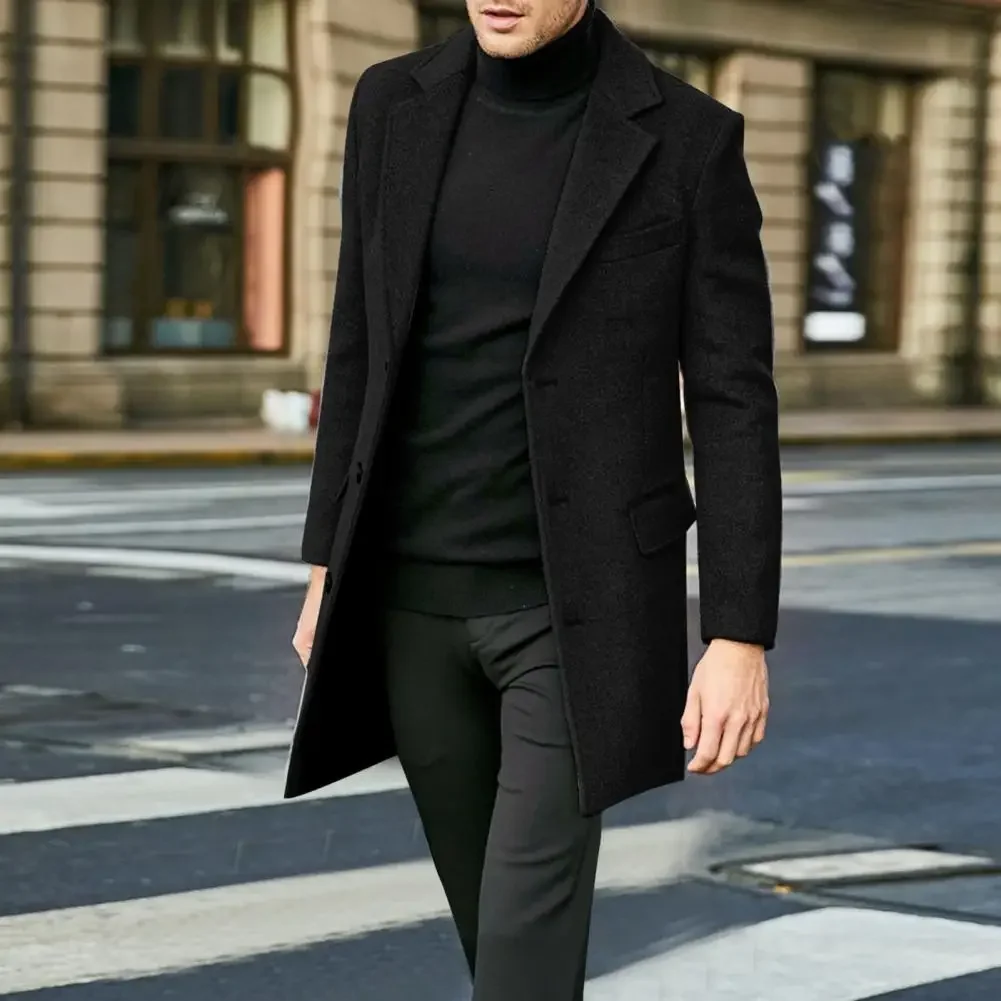 

Autumn And Winter Solid Color Trench Coat Single-breasted Warm Jacket Overcoat Men's British Style Long Sleeved Woolen Coat