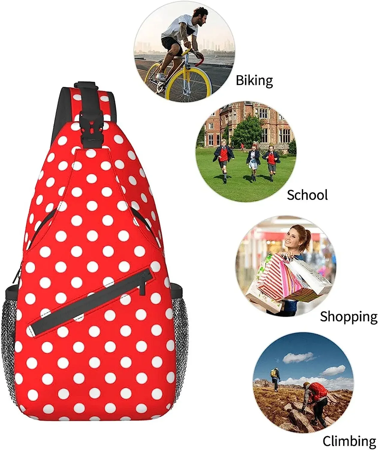 Fiephvsa tas ransel selempang, kantung bahu dada serbaguna Polka Dot merah putih untuk Gym berpergian mendaki Satu Ukuran