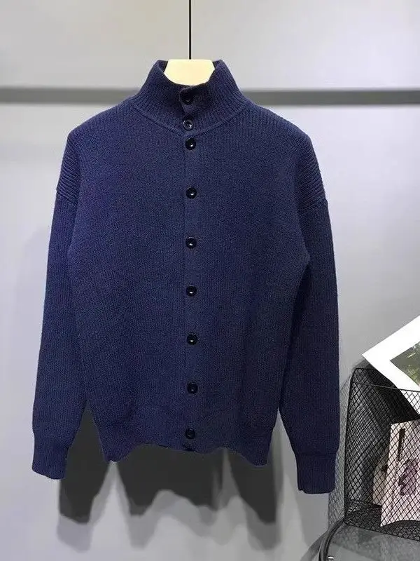 

Thiened f вязаный открытый кардиган с высоким воротником для мужчин, теплый повседневный длинный трикотаж из полиэфирного волокна, стандартный крой