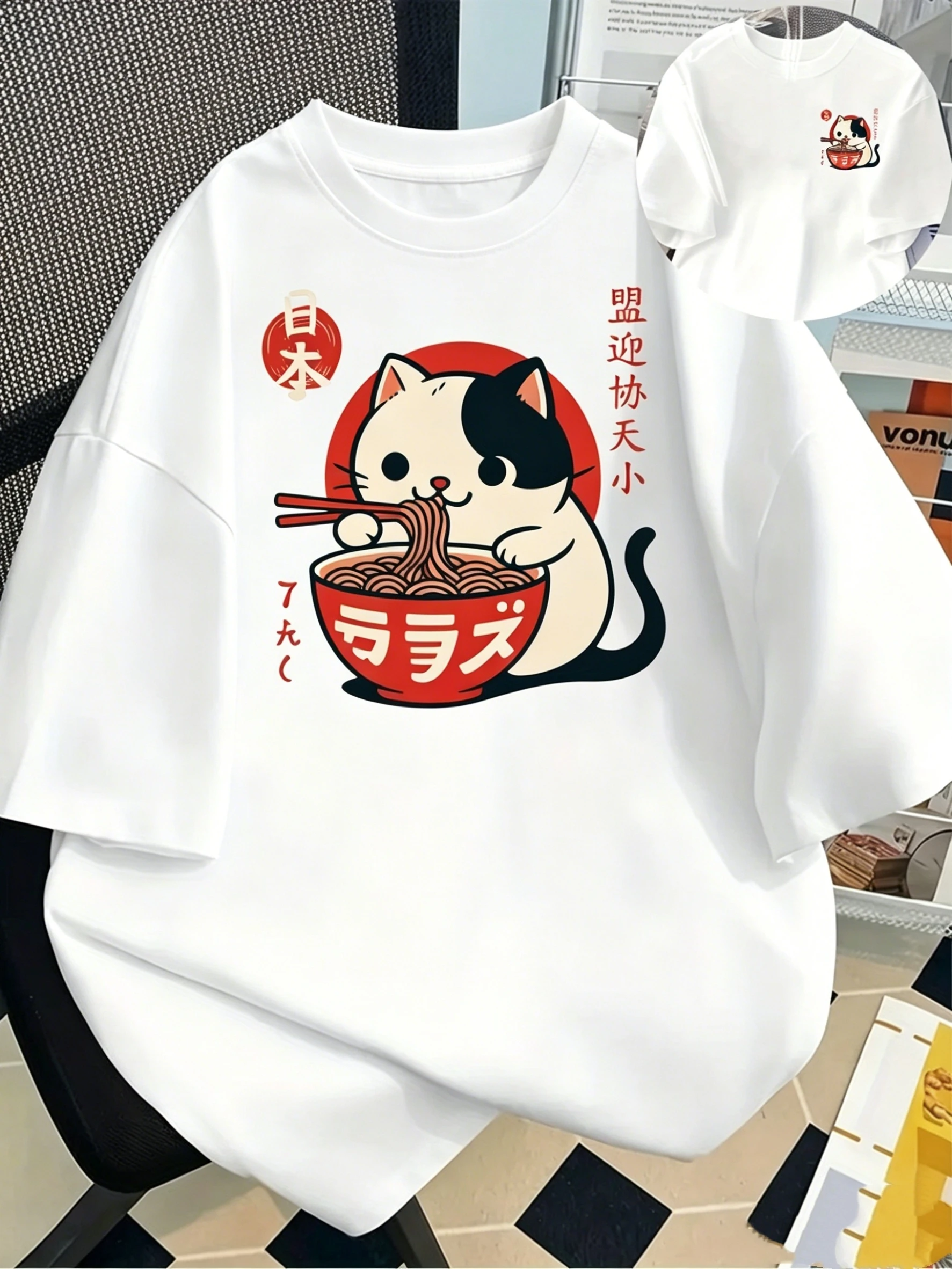 Cute Ramen Cat Japanese Print T-shirt Kawaii Anime Harajuku Streetwear Oversized Casual Tee Unisex