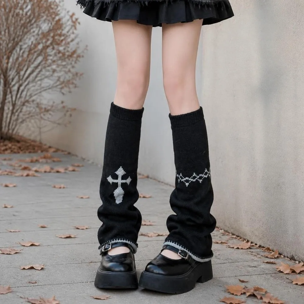 Alt Style Asymmetric Knit Leg Warmers Stretch Knit Cross Pattern Boot Cuffs Slouchy Fit Wide Leg Leg Covers For Women Girls