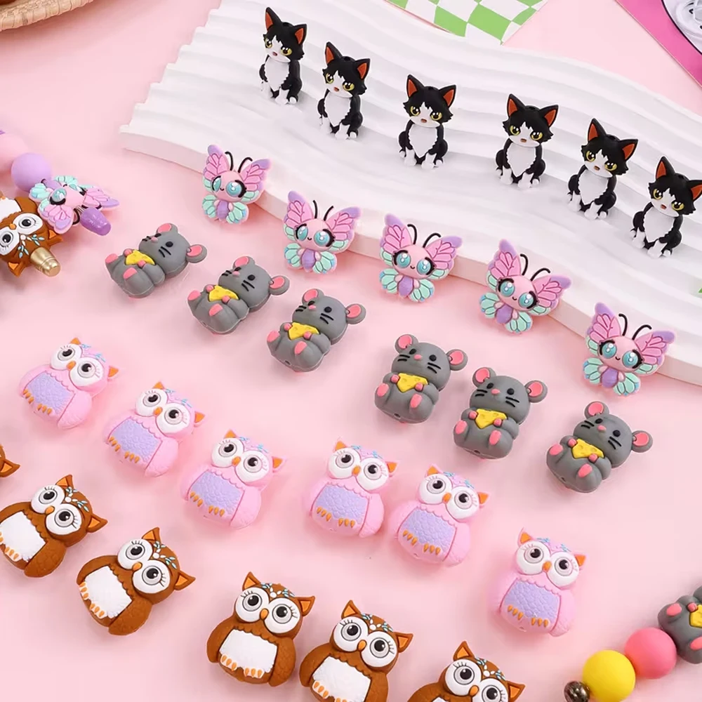 5/25Pcs 3D Animal Series Silicone Beads Set DIY Beaded Necklace Bracelet Decoration Pen Jewelry Pendant Etc. Holiday Birthday Gift